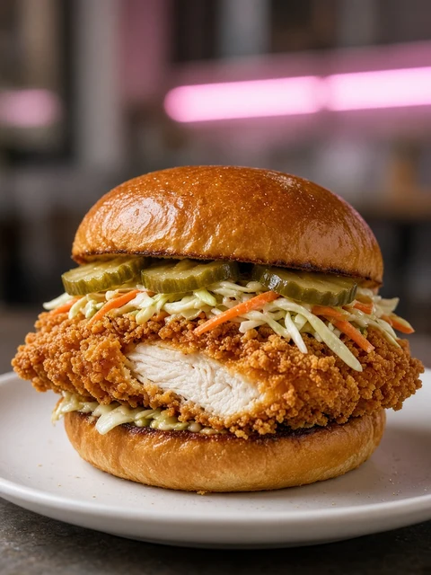 Crispy chicken sandwich with pickles and slaw