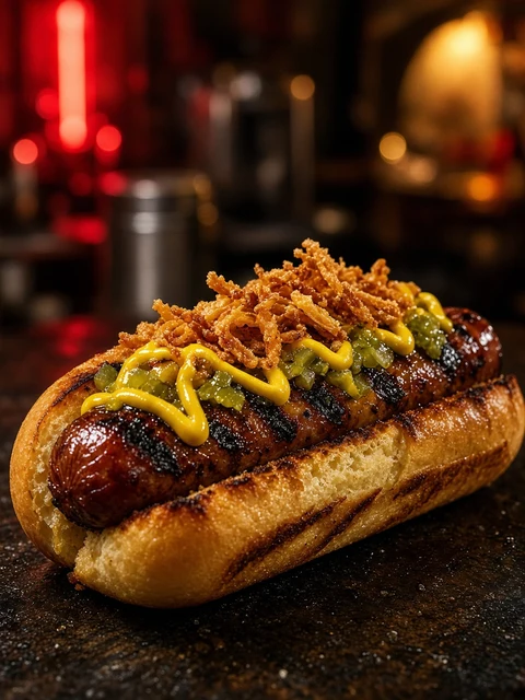 Beef hot dog with mustard and pickle slices