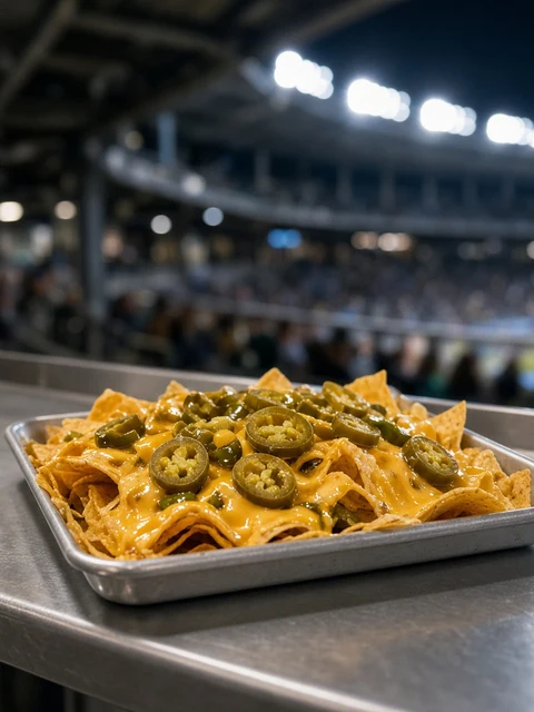 Tortilla chip nachos with cheese sauce and sliced jalapeños