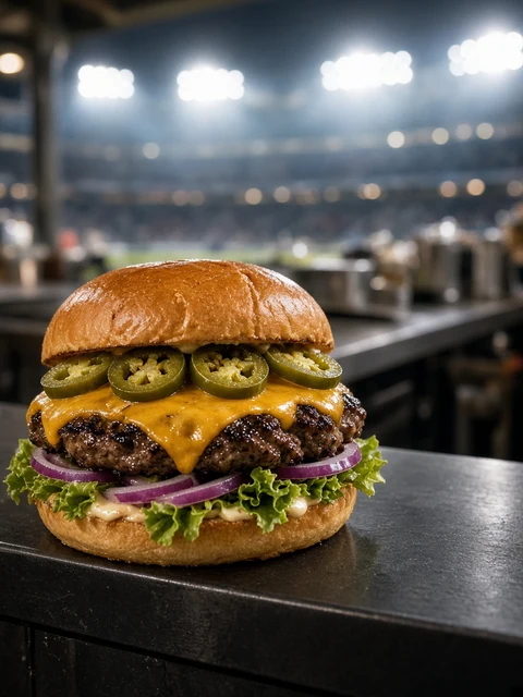 Beef burger topped with sliced jalapeños