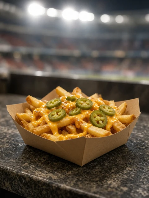 Fries with cheese sauce and jalapeño slices