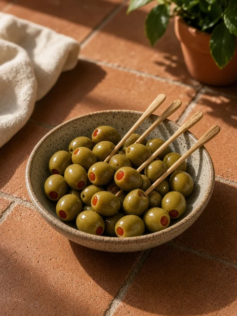 Bowl of stuffed green olives with olive wood picks