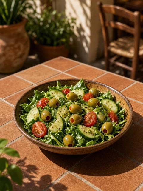 Green salad with stuffed olives and tomatoes