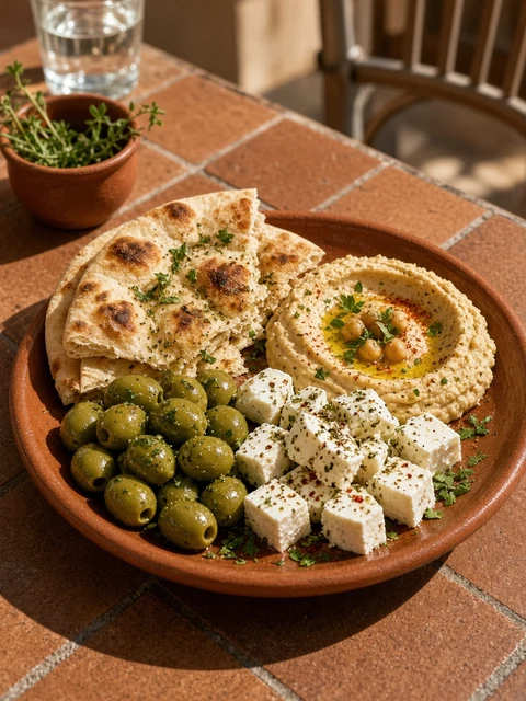 Mezze platter with olives, cheese, bread and hummus
