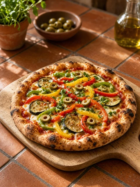 Vegetable pizza topped with sliced green olives