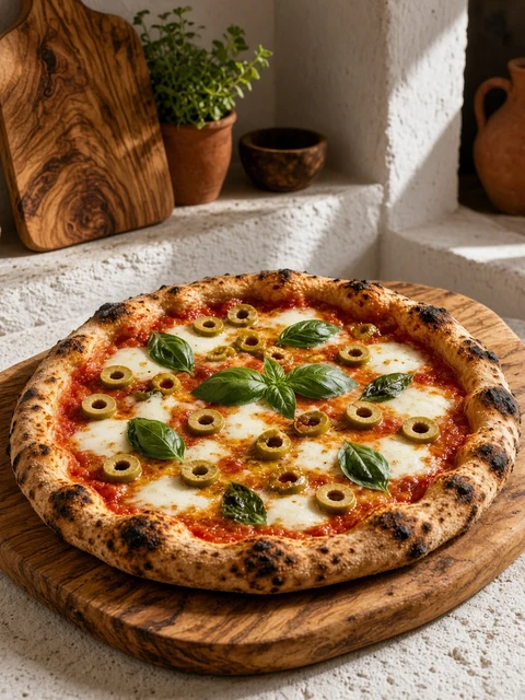 Vegetable pizza with sliced green olives