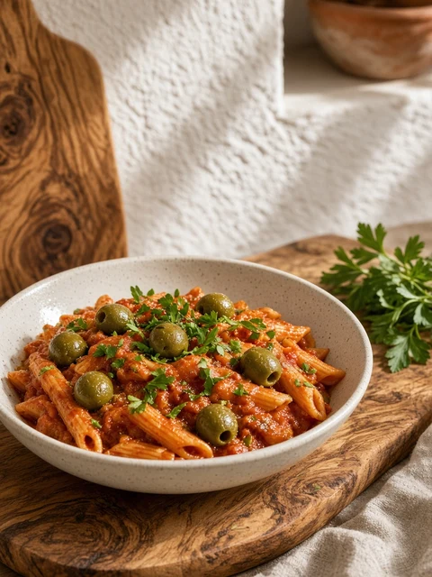 Penne with tomato sauce and green olives