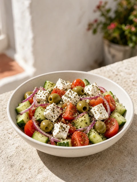 Mediterranean salad with green olives and feta