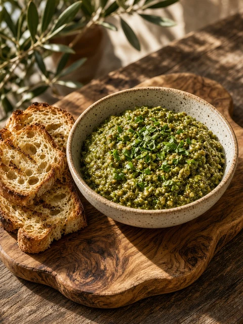 Bowl of green olive tapenade with toasted bread