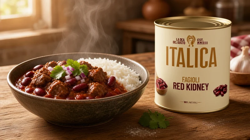 Bowl of beef chilli con carne with kidney beans and rice and a tin of Italica red kidney beans