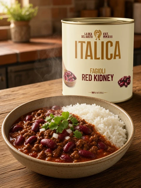 Bowl of beef chilli con carne with kidney beans and rice beside a tin of Italica red kidney beans
