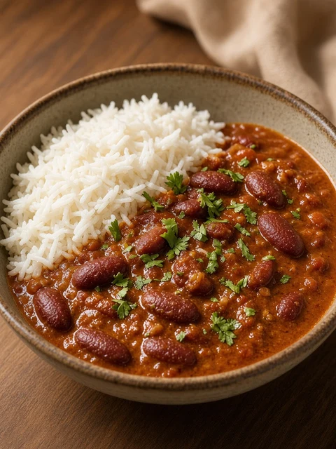 Bowl of rajma kidney bean curry with rice