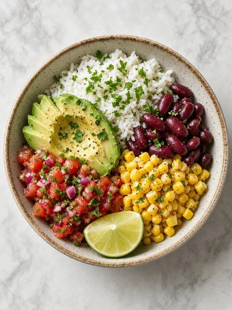 Burrito bowl with rice, kidney beans, corn and salsa