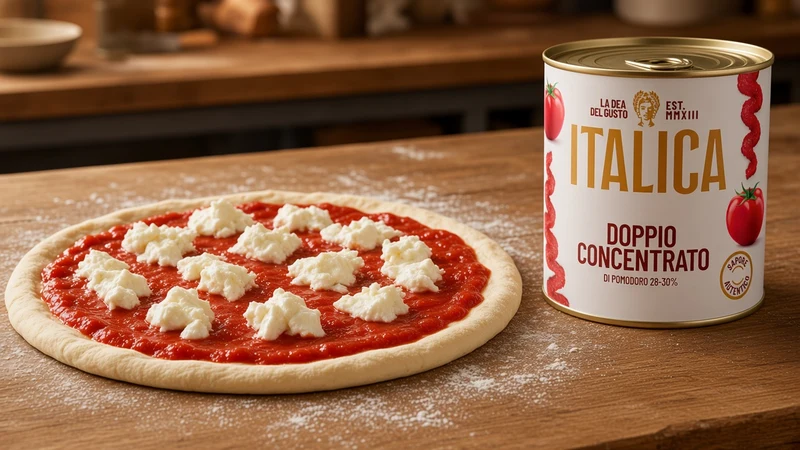 Pizza base spread with tomato sauce and mozzarella and a tin of Italica tomato paste