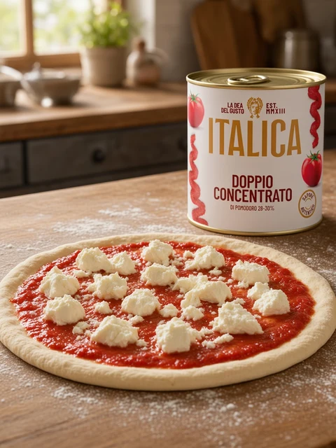 Pizza base spread with tomato sauce and mozzarella beside a tin of Italica tomato paste