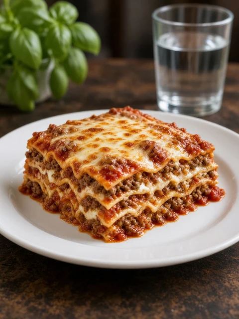 Slice of beef lasagne with rich tomato sauce