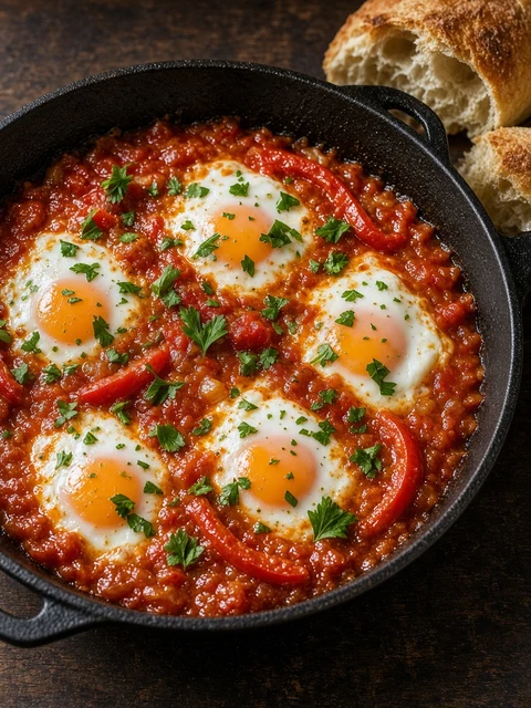 Pan of shakshuka with eggs in tomato sauce