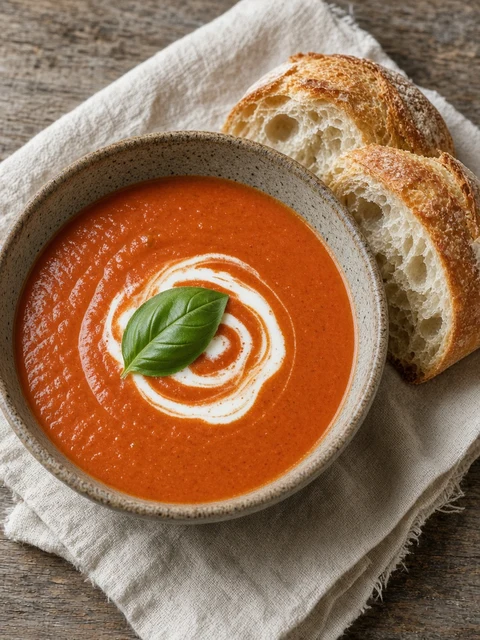 Bowl of tomato soup with basil and bread