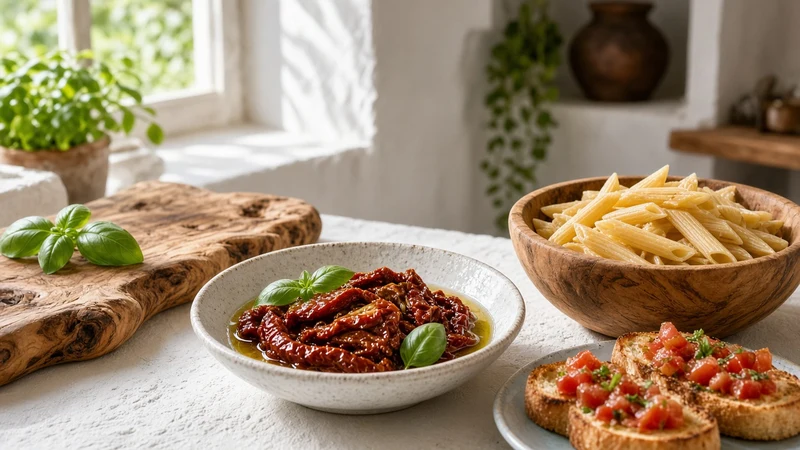 Bowl of penne with sun-dried tomatoes and basil