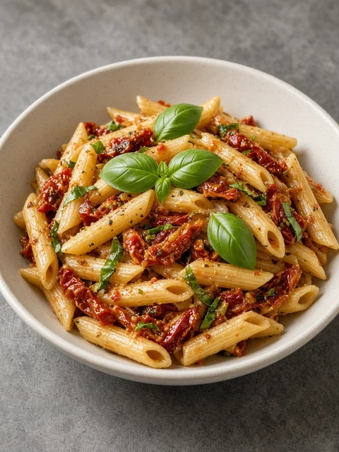 Bowl of penne with sun-dried tomatoes and basil