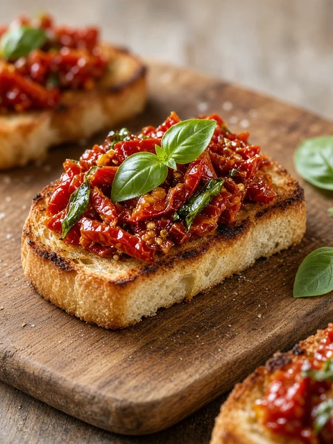 Bruschetta topped with chopped sun-dried tomatoes and basil