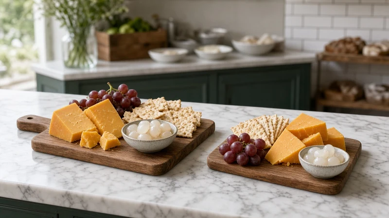 Cheese board with cheddar, crackers, grapes and a small bowl of pickled silverskin onions