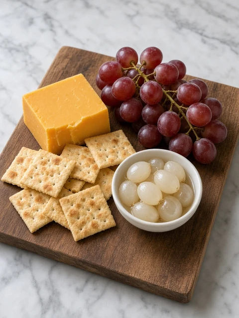 Cheese board with cheddar, crackers, grapes and a small bowl of pickled silverskin onions