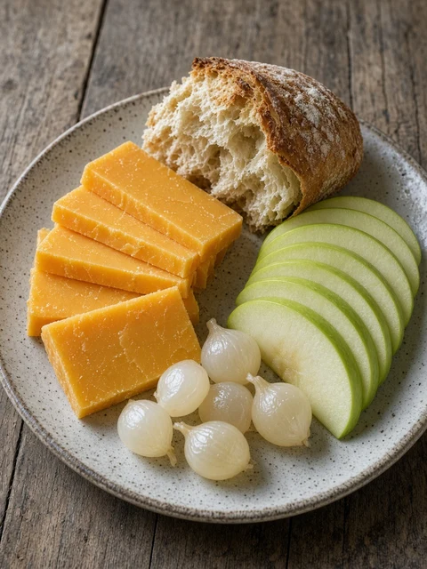 Ploughman style plate of cheddar, crusty bread, apple slices and pickled silverskin onions