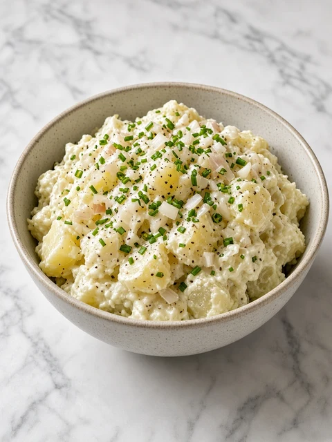 Bowl of potato salad with chopped pickled silverskin onions and chives