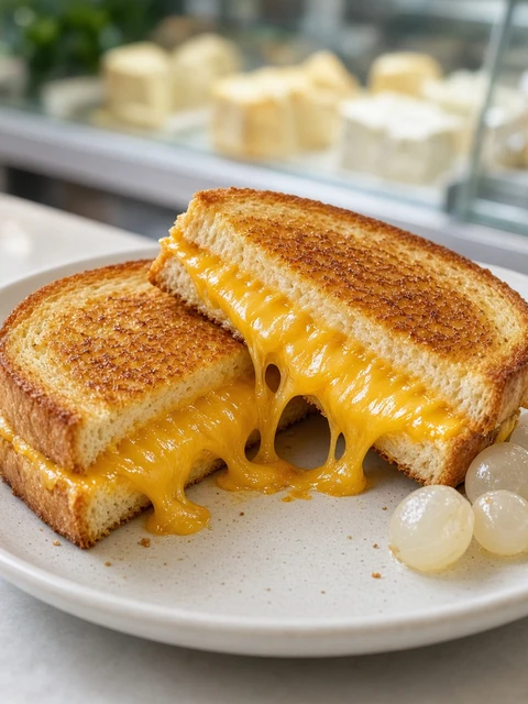 Cheese toastie cut in half with a few pickled silverskin onions