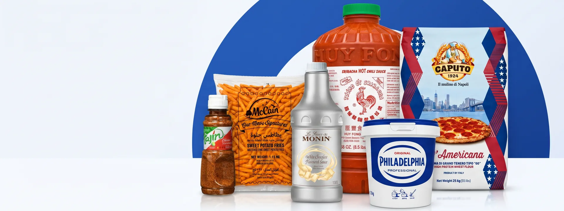 Popular foodservice products from addtocart — Monin syrup, Caputo pizza flour, Huy Fong Sriracha, Philadelphia cream cheese, McCain sweet potato fries and Tajin seasoning