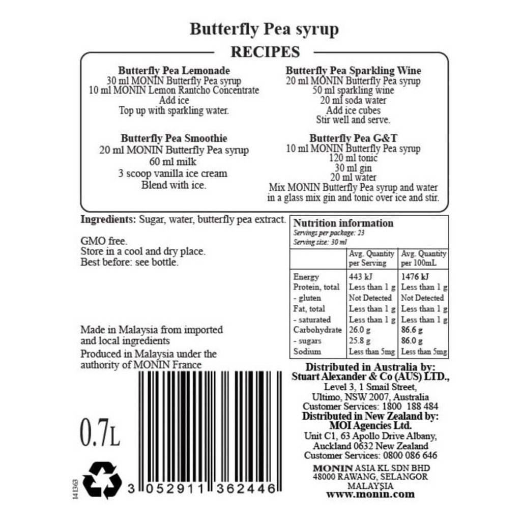 Monin Butterfly Pea Syrup 700ML front view UAE