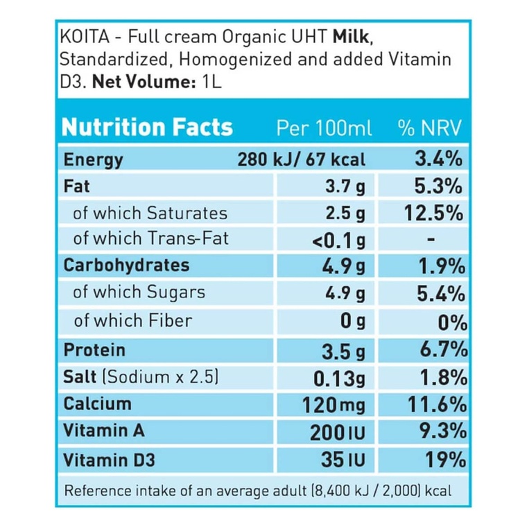Koita whole-fat milk nutrition label