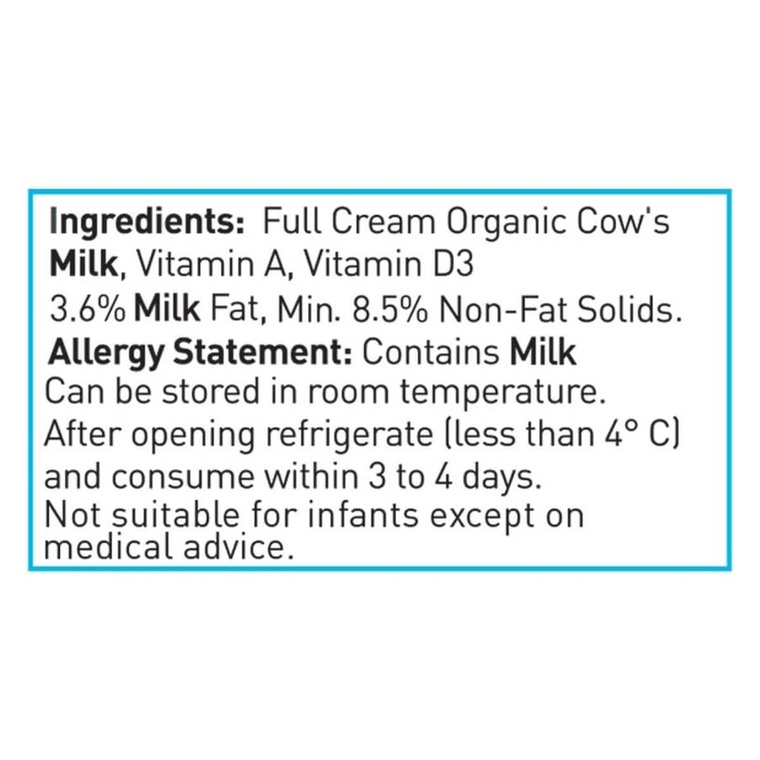 Koita whole-fat milk ingredients and storage label