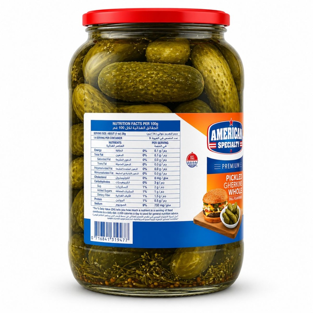 American Specialty Whole Cucumber 6-9 CM In Glass Jar - 6x1.96kg
