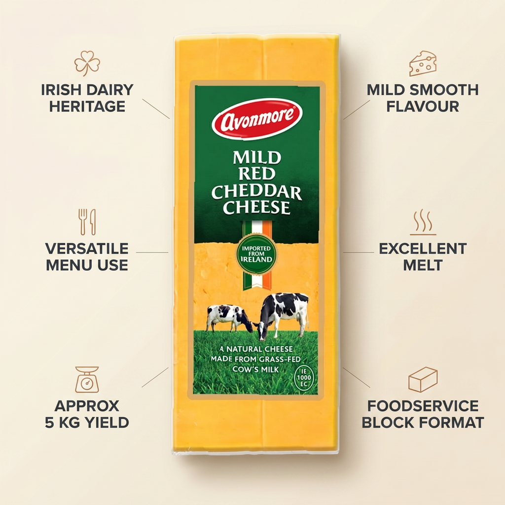 Avonmore Mild Red Cheddar Cheese from Ireland, Block, Approx Weight - 5KG