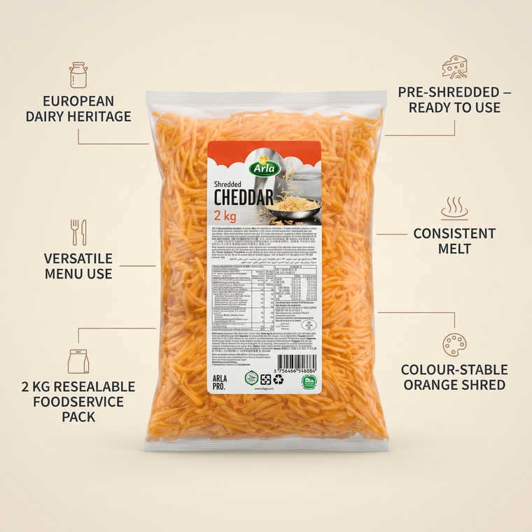 Arla Shredded Cheddar Cheese, Colored - 2KG