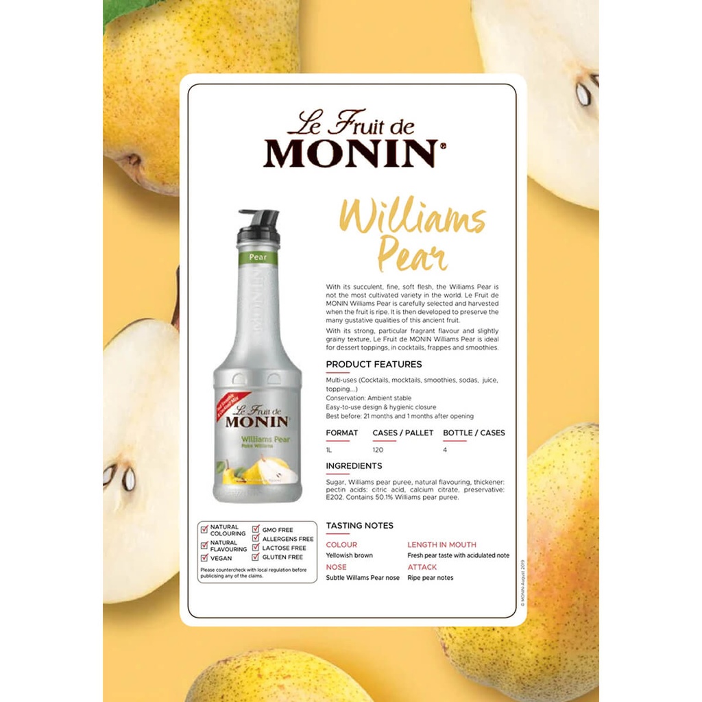 Monin Williams Pear Fruit Mix Puree - 1LTR