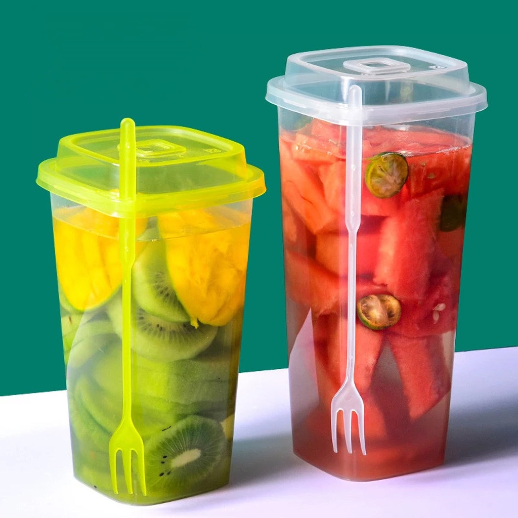 Bubbly Plastic Square Cup with Lid & Fork, 960ML - Pack of 25 Cups
