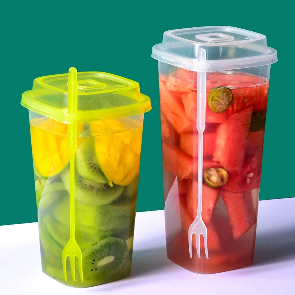 Bubbly Plastic Square Cup with Lid & Fork, 760ML - Pack of 25 Cups