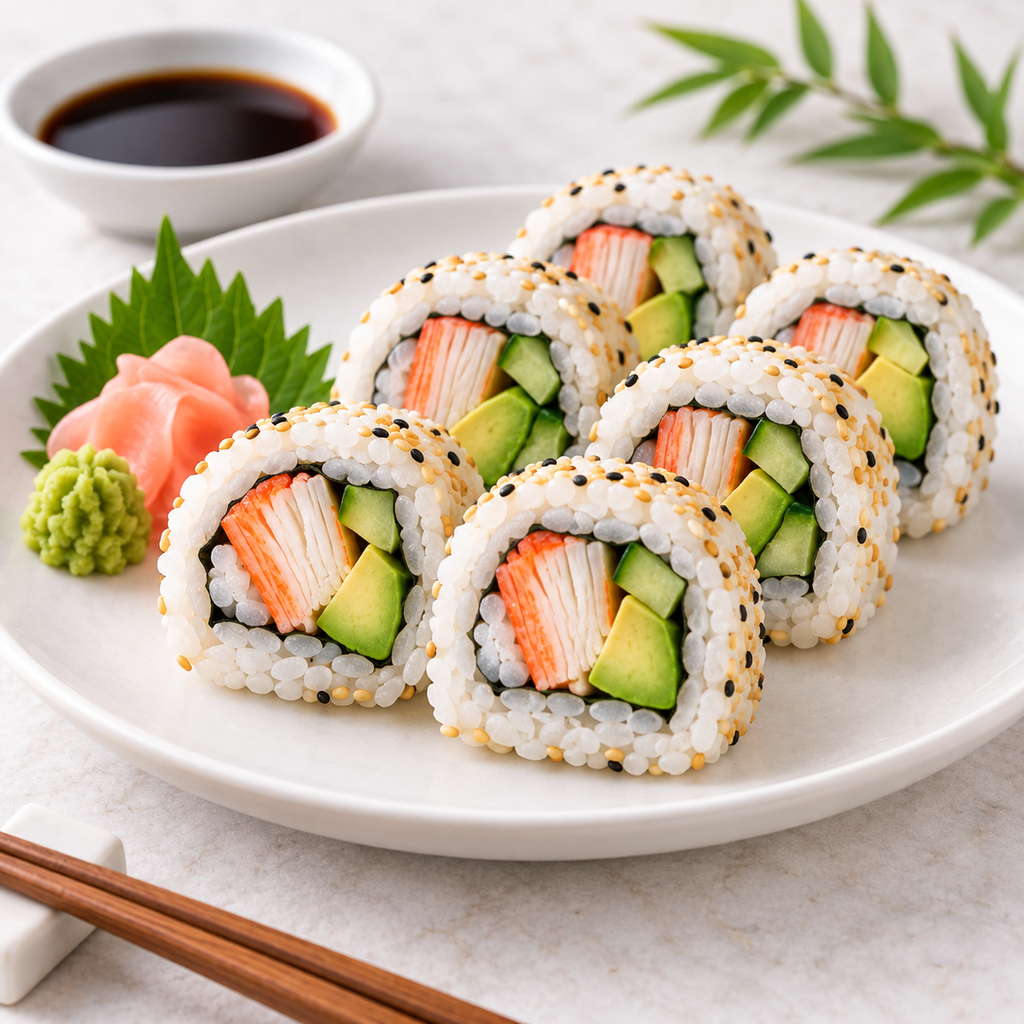 Osaki Style Premium surimi crab sticks 500g - illustrative sushi serving suggestion