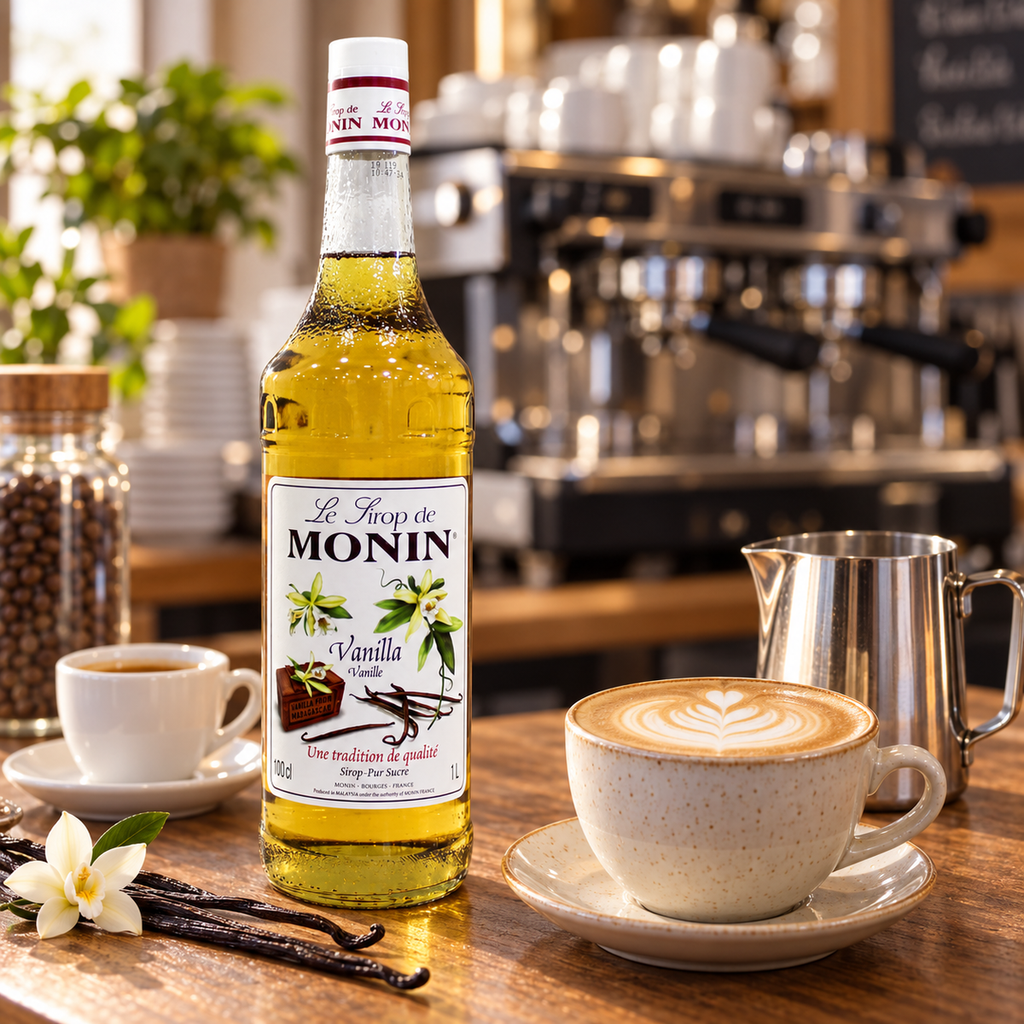 Monin Vanilla Syrup 1L at a cafe latte preparation station
