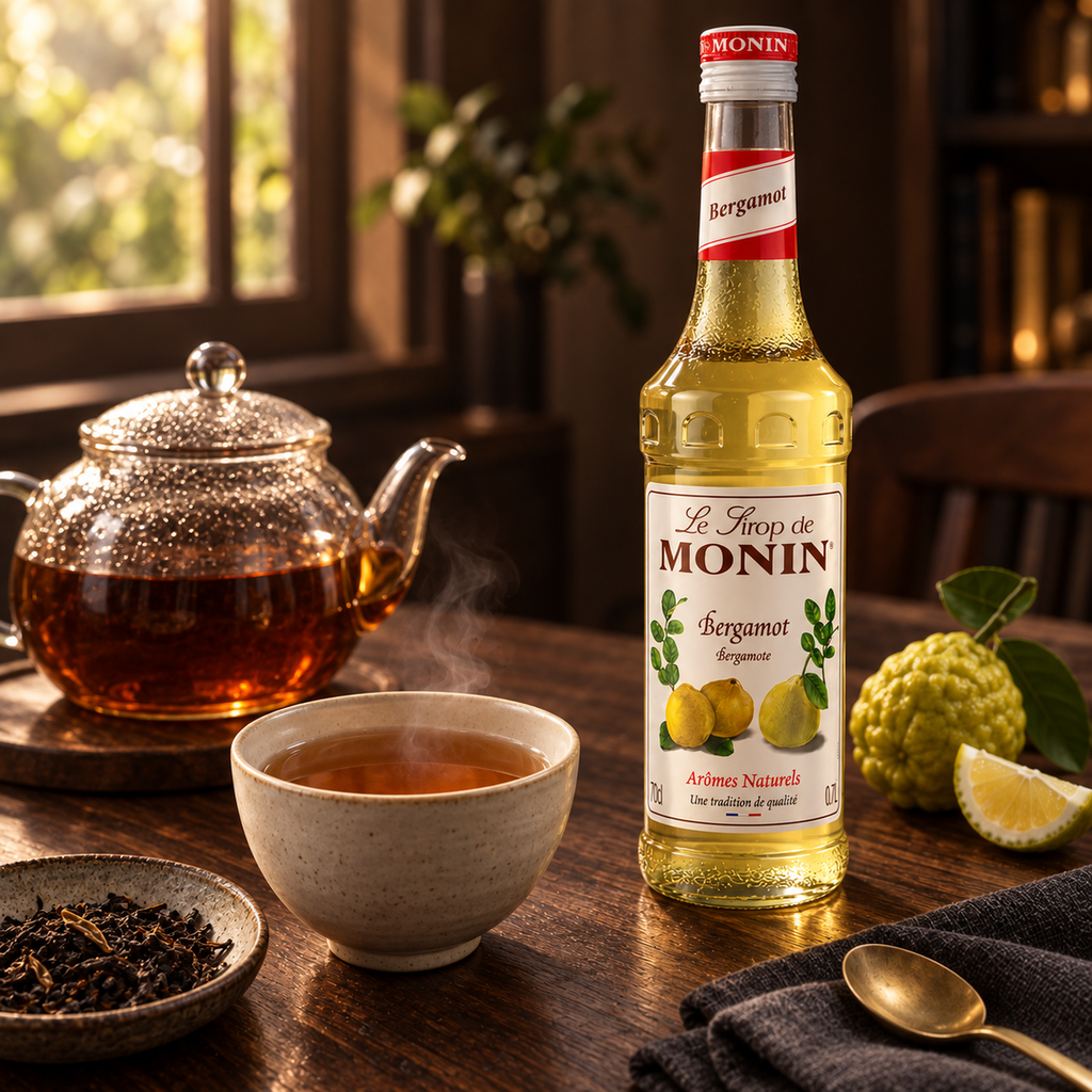 Monin Bergamot Syrup 700ml - warm black tea serving suggestion
