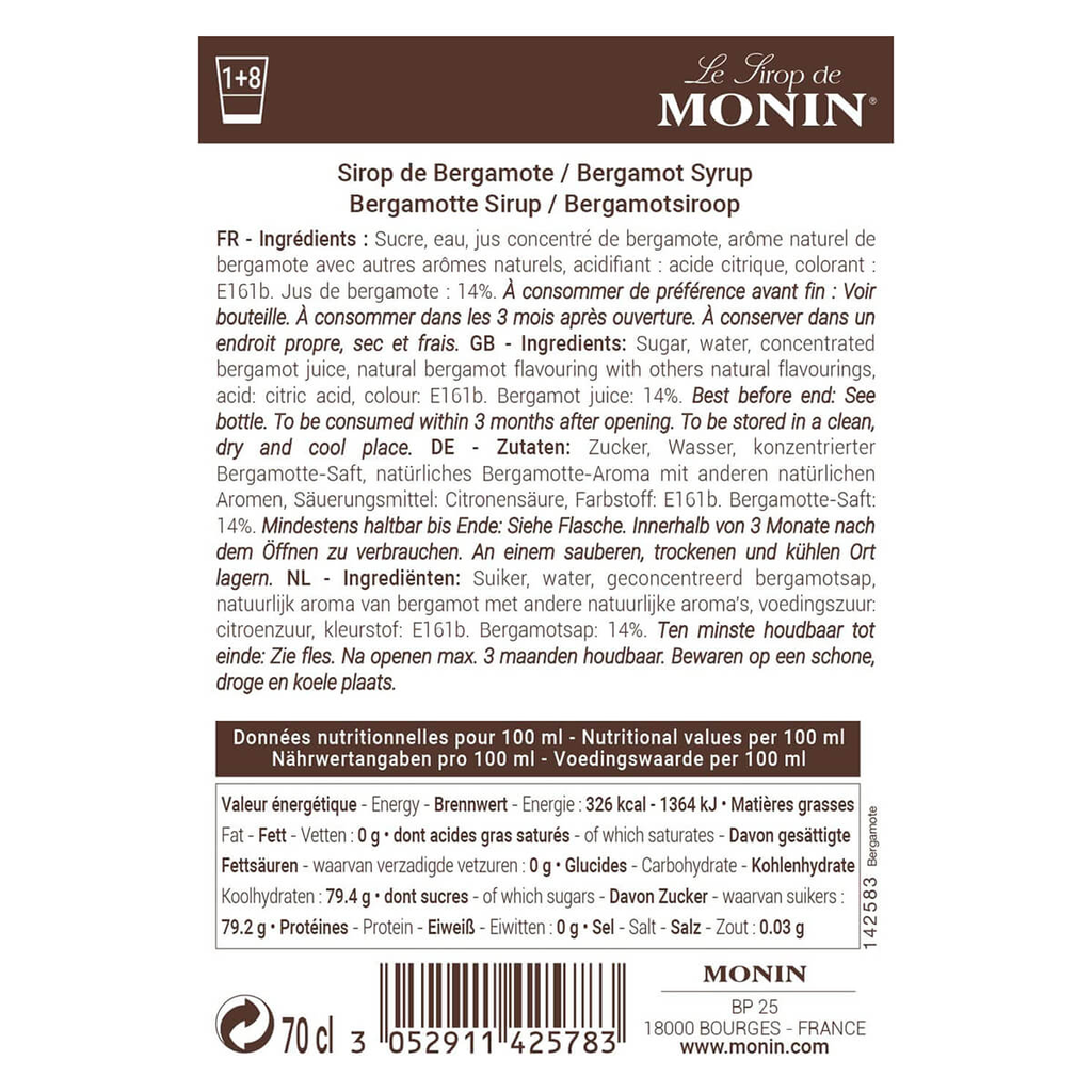Monin Bergamot Syrup 700ml - ingredients and nutrition label