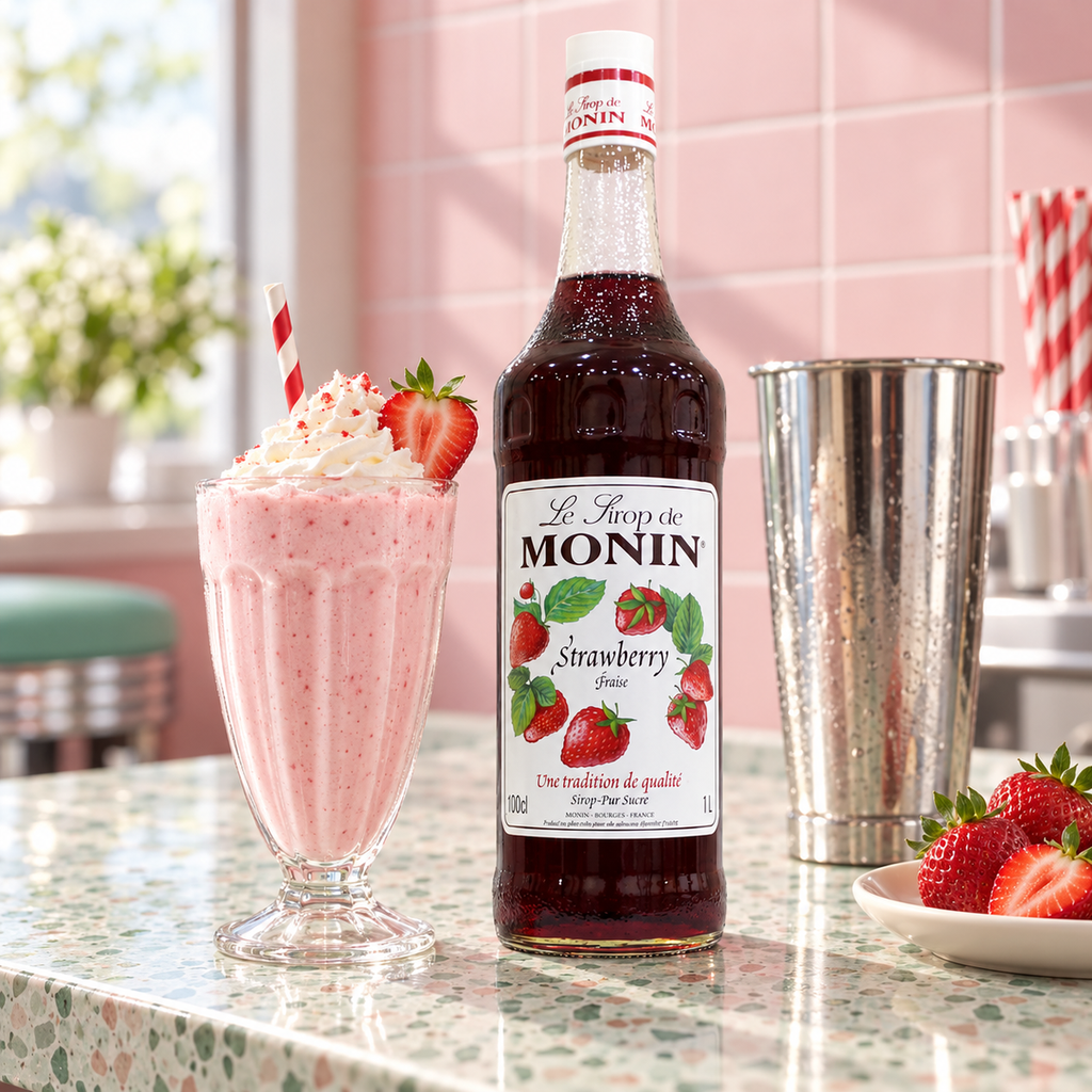 Monin Strawberry Syrup 1L bottle with strawberry milkshake