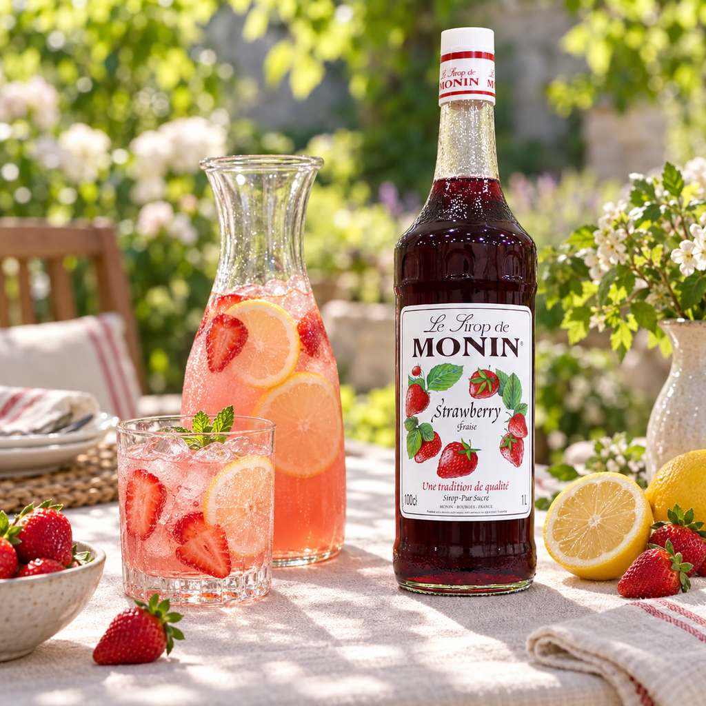 Monin Strawberry Syrup 1L - bottle with strawberry lemonade