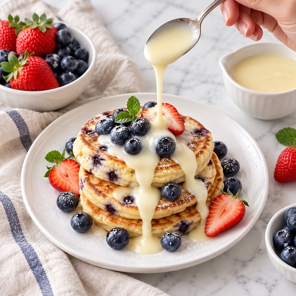 Condensed milk drizzled over berry pancakes