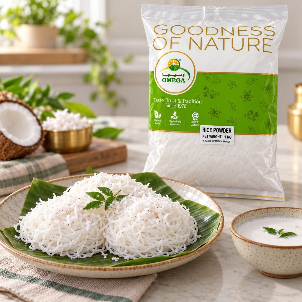 Omega Rice Powder with idiyappam serving suggestion