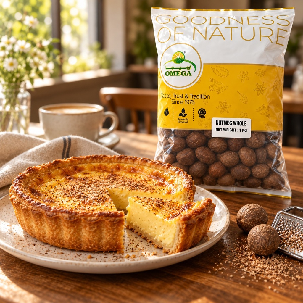 Omega whole nutmeg with freshly baked custard tart
