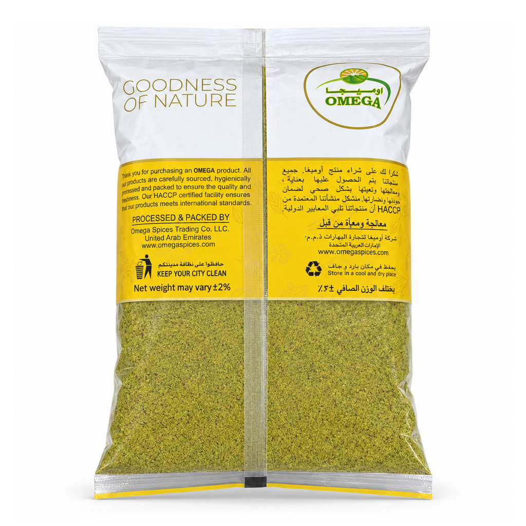 Omega Pistachio Powder 1kg rear packaging and storage information